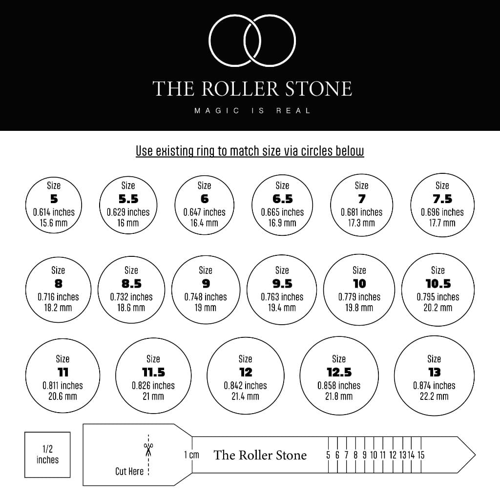 The Roller Stone ring size guide: match your ring to circles for US sizes 5 through 13 with diameter in inches and millimetres; includes scale reference and printable ruler.