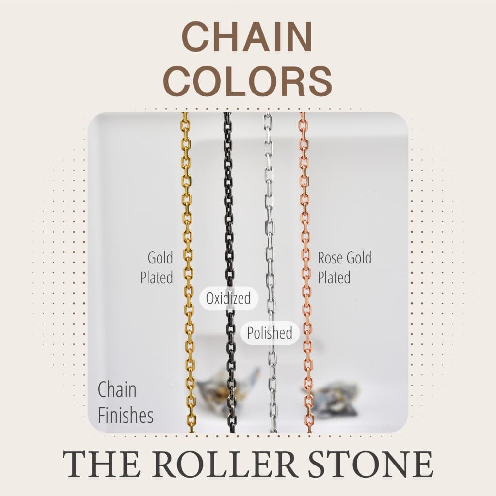 Chain finishes comparison: Gold Plated, Oxidized, Polished, and Rose Gold Plated chains shown side by side with labels.