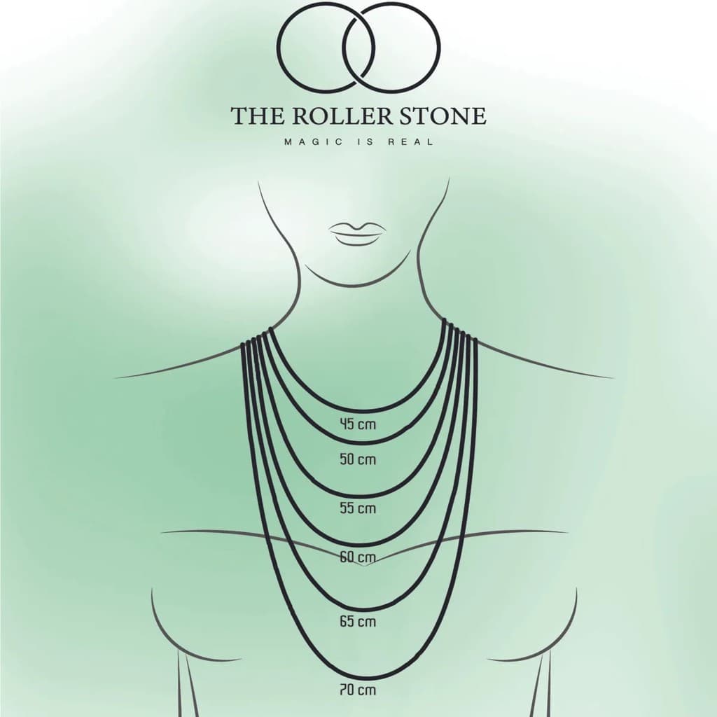 Necklace length guide: illustration showing how chain lengths from 45 cm to 70 cm fall on the body, with labels for each length.