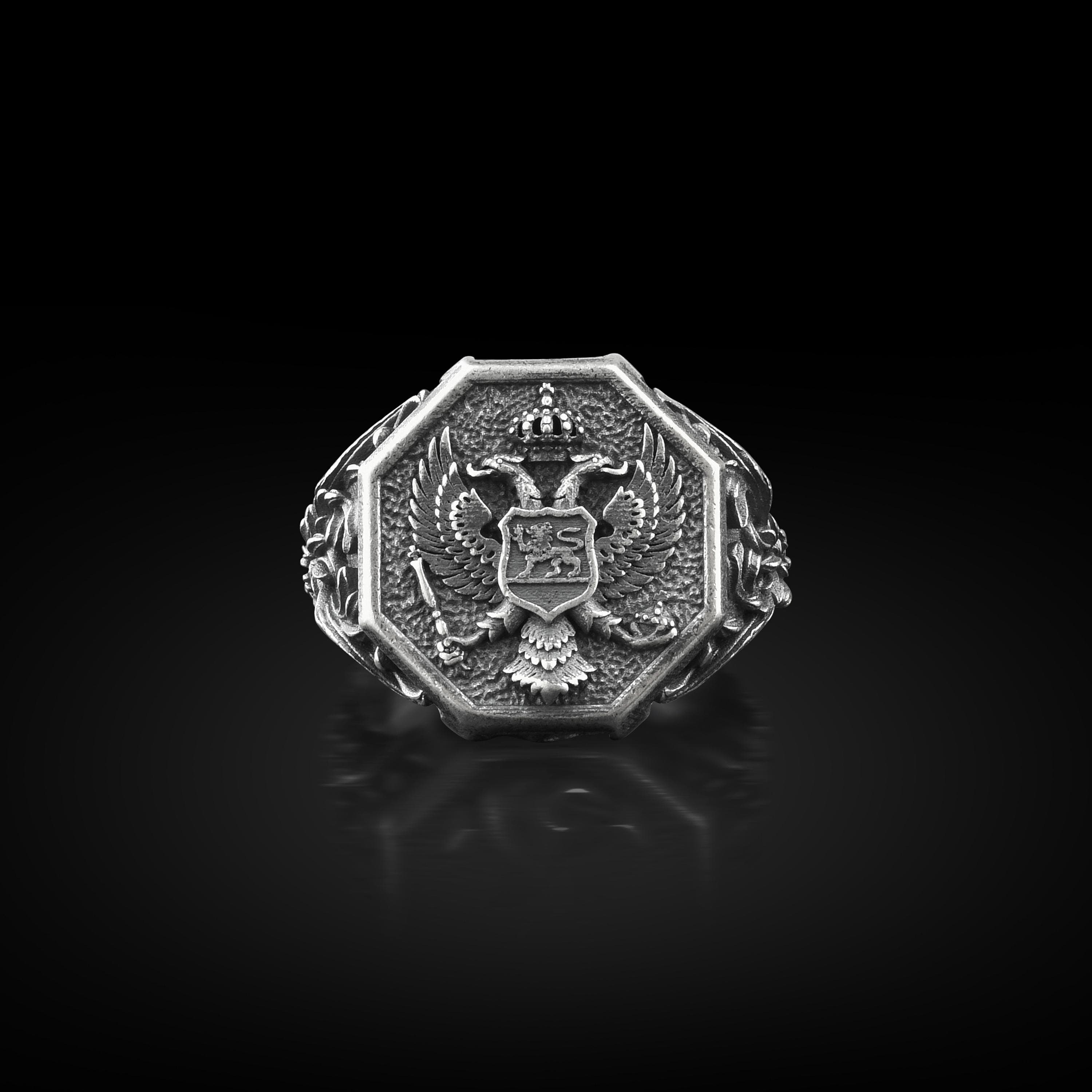 The Rollerstone Double Headed Eagle Unique Signet Silver Ring, Coat of Arms Engraved Animal Men Ring for Husband, Byzantine Eagle Jewelry, Geometric Jewelry jewellery