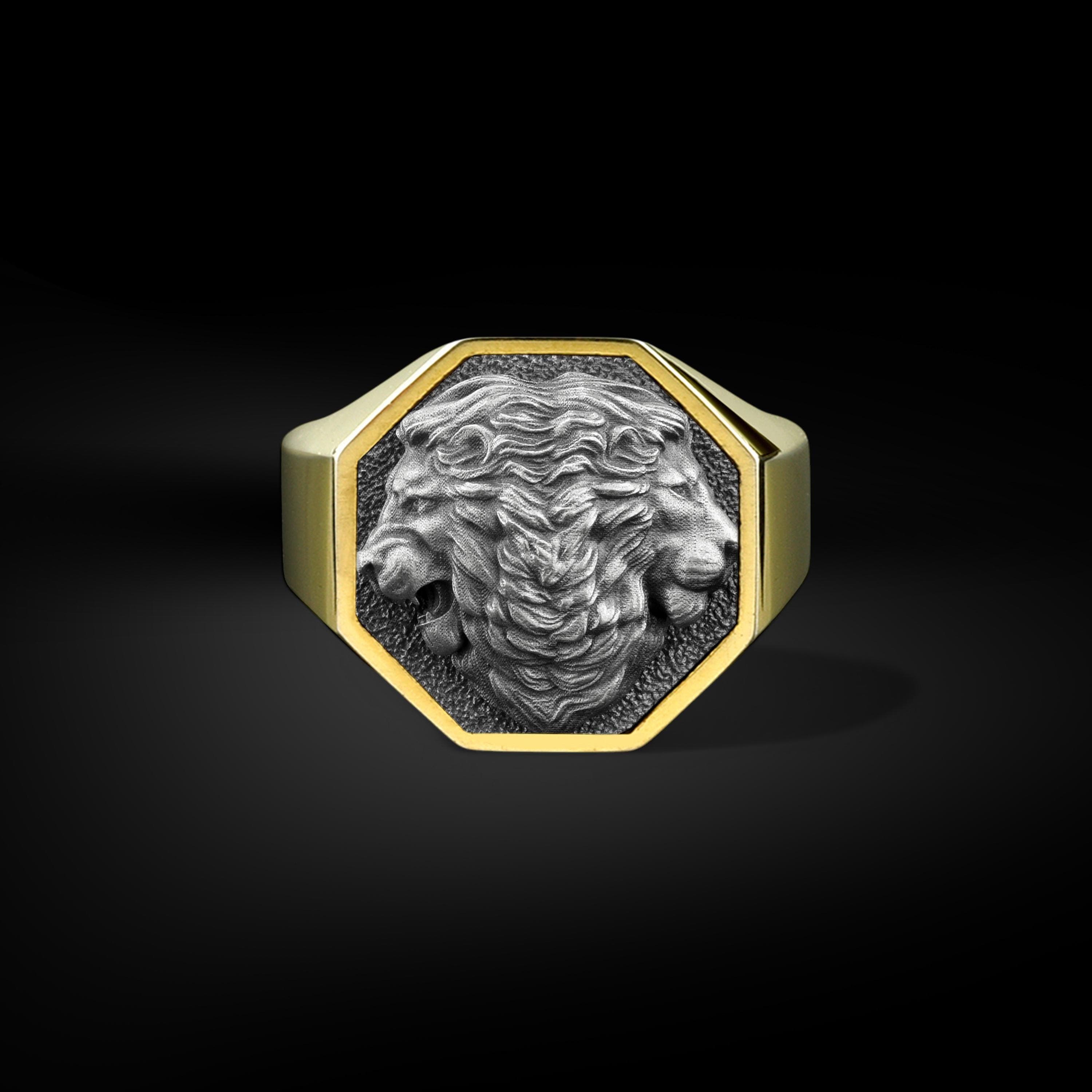 Double Lion Head Handmade Sterling Silver Ring for Men, Lion King Ring, Animal Lover Leo Zodiac Sign Jewelry, Gifts for Birthday