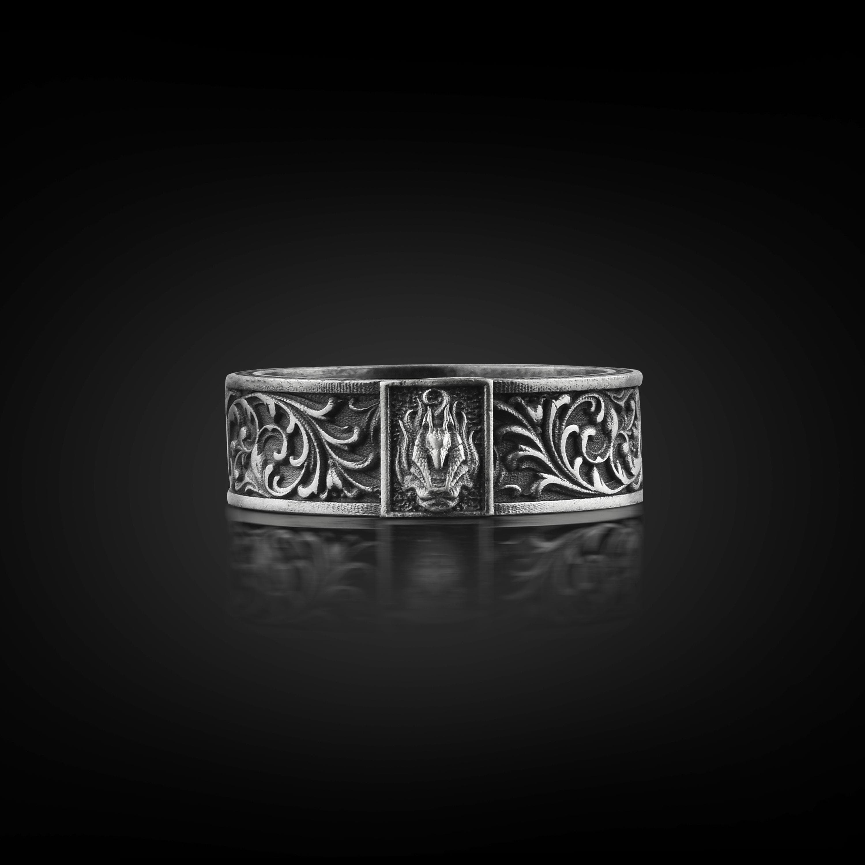 The Rollerstone Egyptian Anubis Silver Floral Band Ring for Men, Ancient Egyptian Mythology Ring, Solid Silver Leaf Pattern Women, Ring for Men jewellery