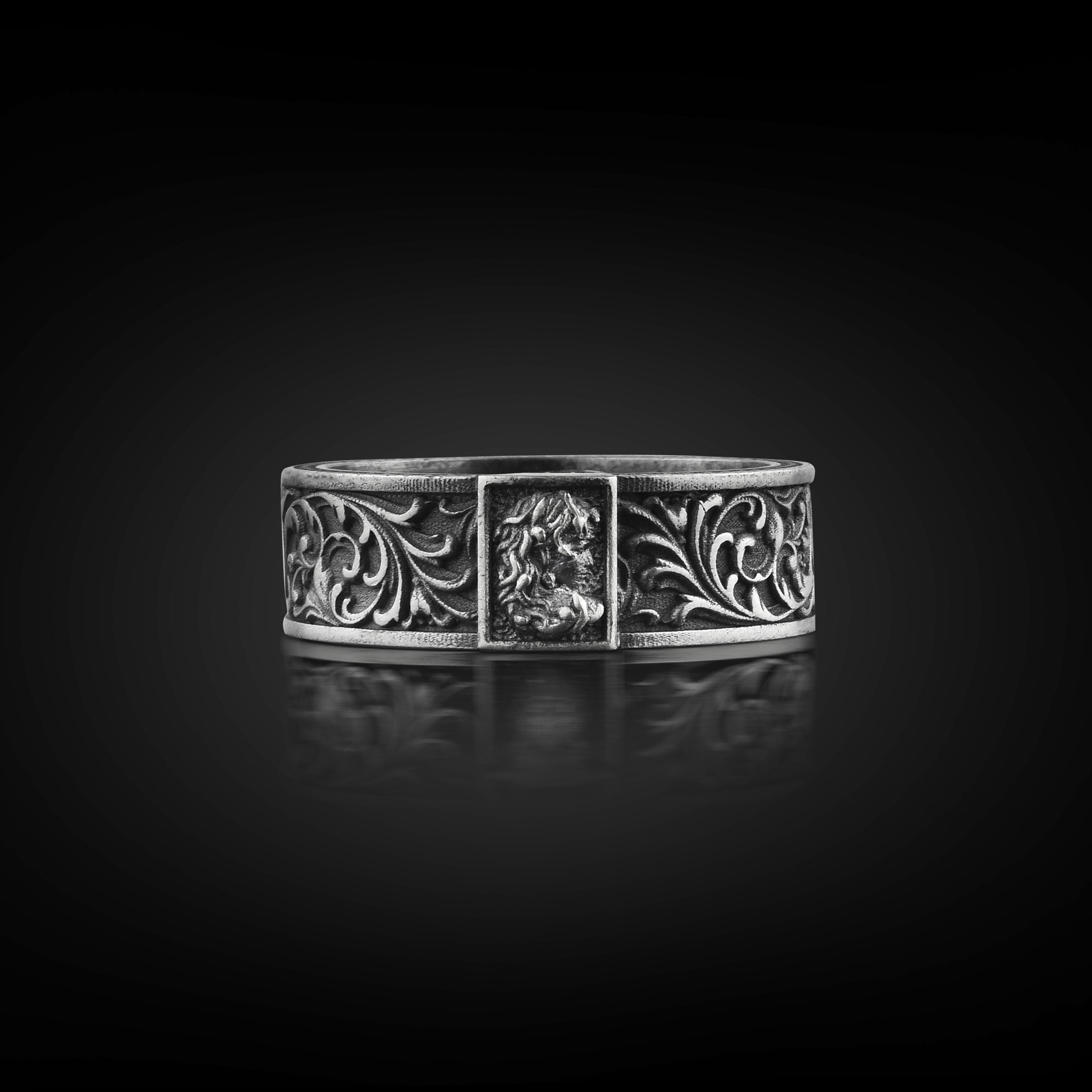 The Rollerstone Gorgon Medusa Head Silver Floral Band Ring for Men, Handmade Ancient Greek Mythology Jewelry, 925 Solid Silver Leaf Pattern Ring jewellery