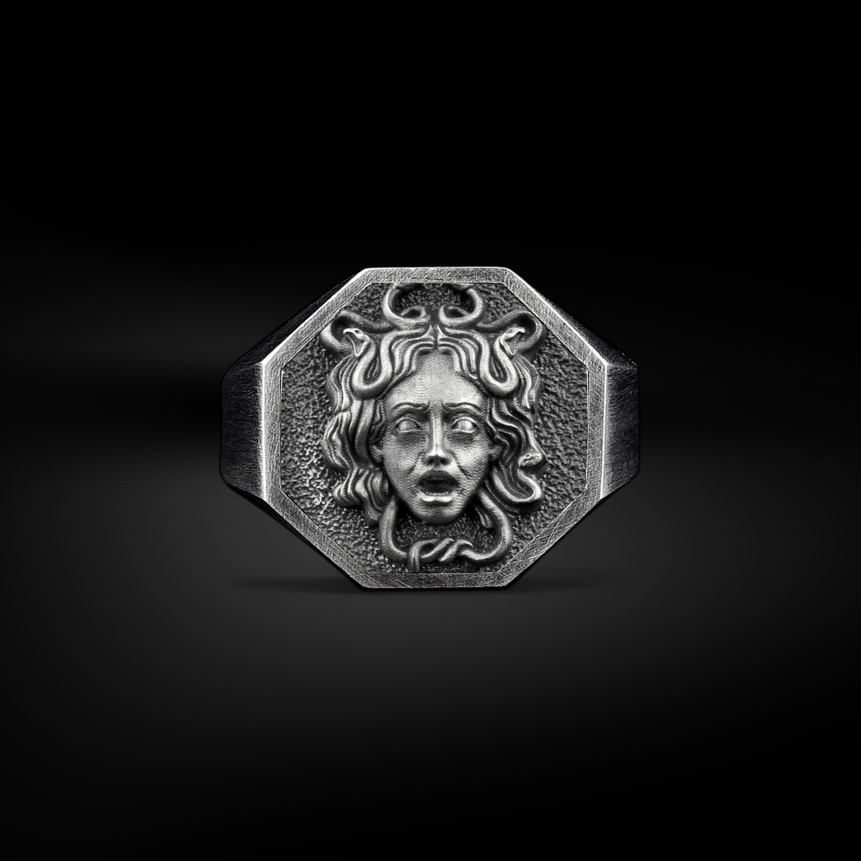 The Rollerstone Gorgon Medusa Unique Signet Men Ring in Sterling Silver, Mythology Goddess Sterling Silver Ring for Best Friend, Greek Goddesses Jewelry jewellery