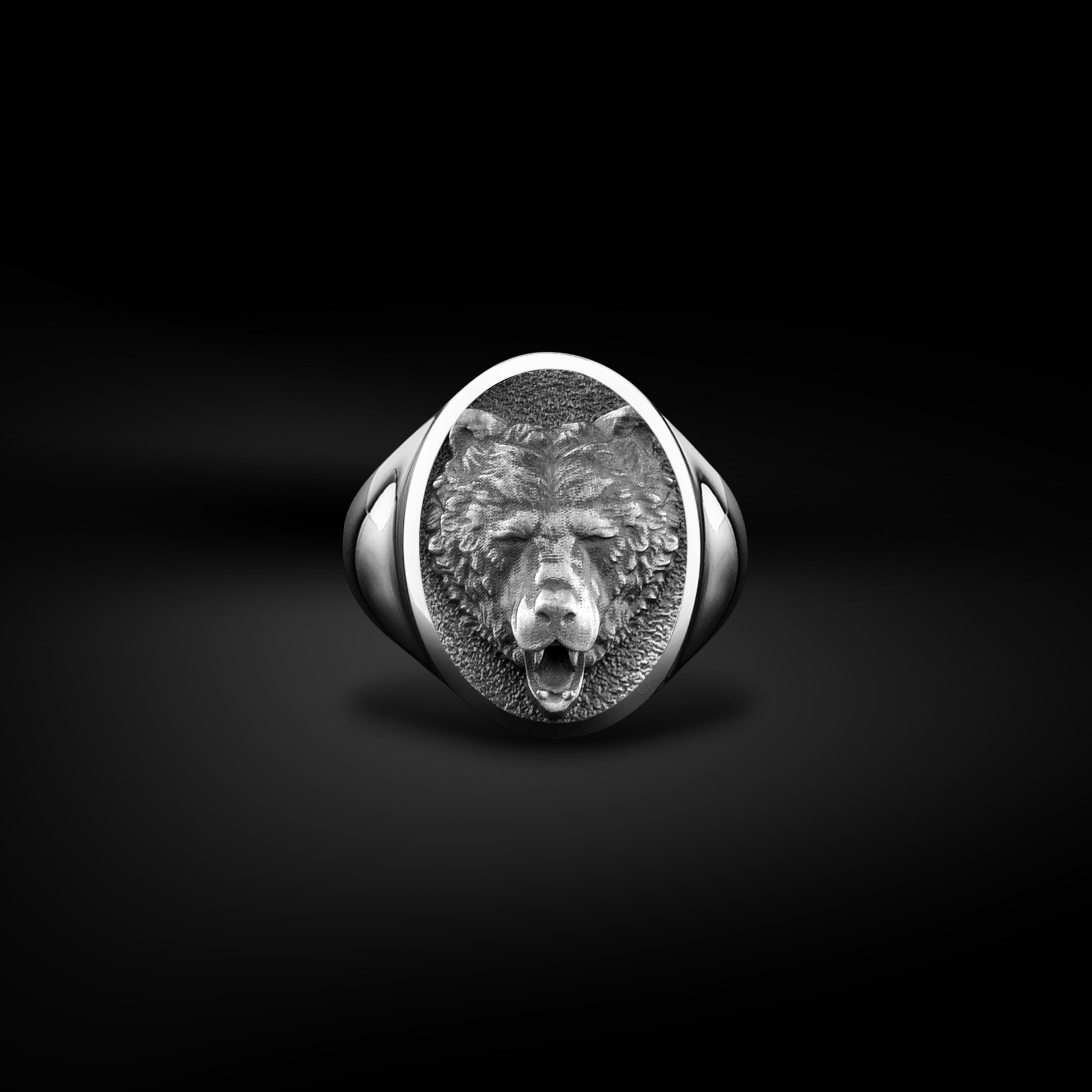 The Rollerstone Grizzly Bear Chunky Biker Silver MenRing, Sterling Silver Oval Signet Wilde Bear Ring in Sterling Silver, Celtic Animal Jewelry Gift for Men jewellery