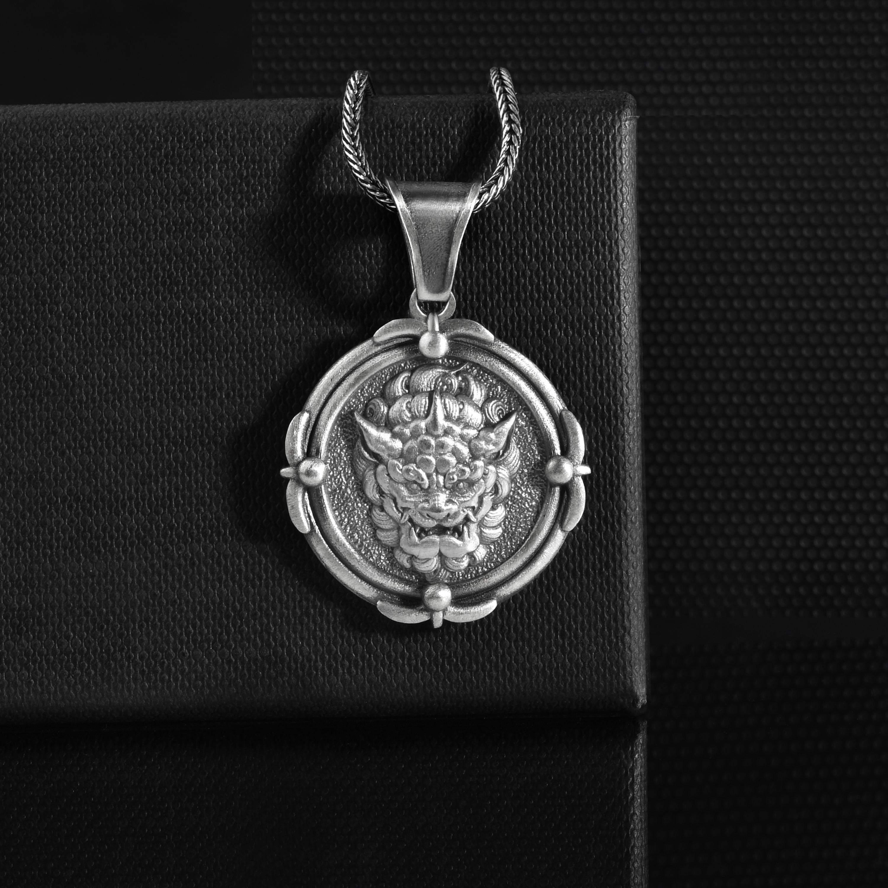 The Rollerstone Handmade Chinese Lion Foo Dog Men Necklace in 925 Sterling Silver, Handmade Personalized Engraved Mythology, Guardian Lion Gift Jewelry jewellery