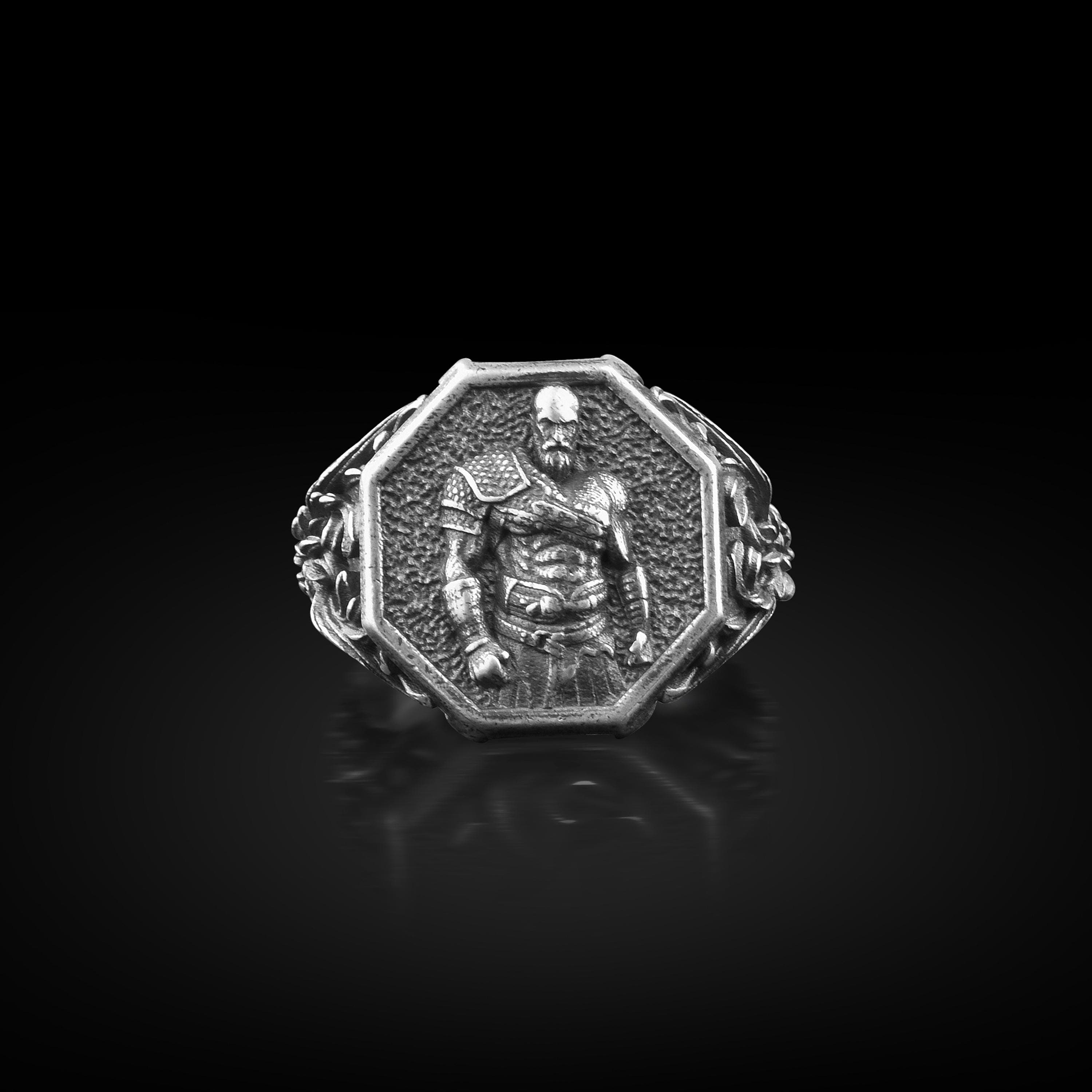 The Rollerstone Kratos Greek Goddess Mens Silver Men Signet Ring, God Of War Engraved Mythology Ring for Boyfriend, Geometric Fantasy Jewelry, Gift for Men jewellery