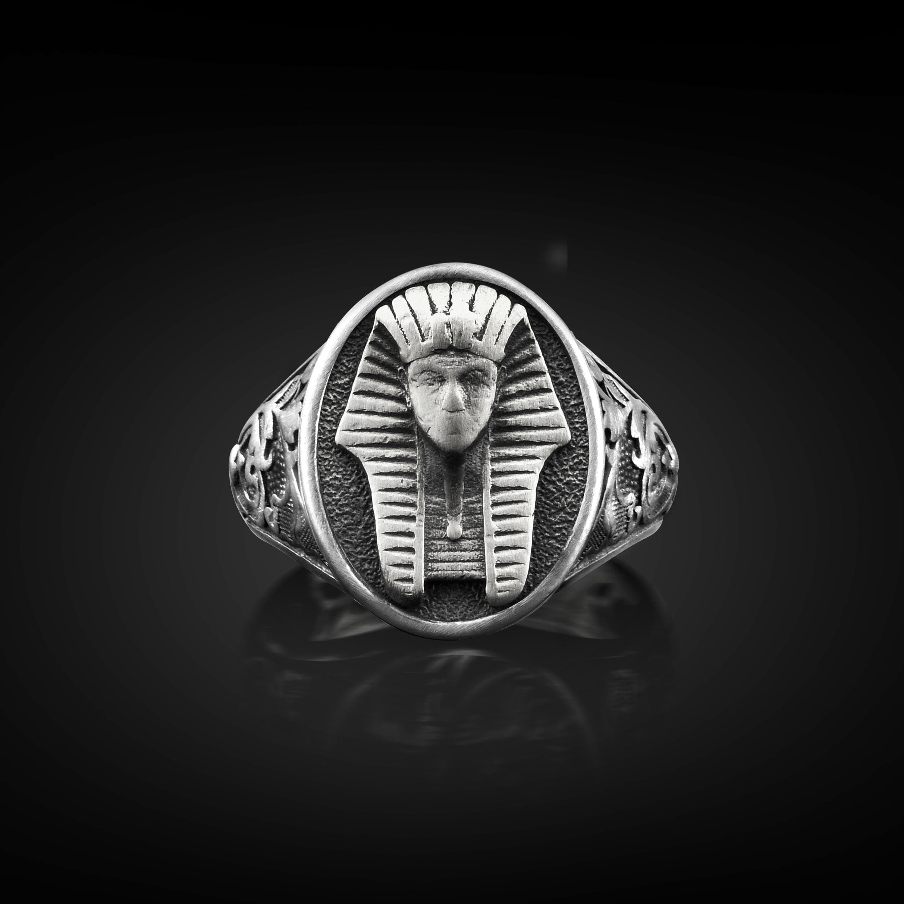 The Rollerstone Pharaoh Ancient Egyptian Signet Ring in Sterling Silver for Men,Engraved Oval Mythology Ring Jewelry, Modern Fantasy Gift Ring for Boyfriend jewellery