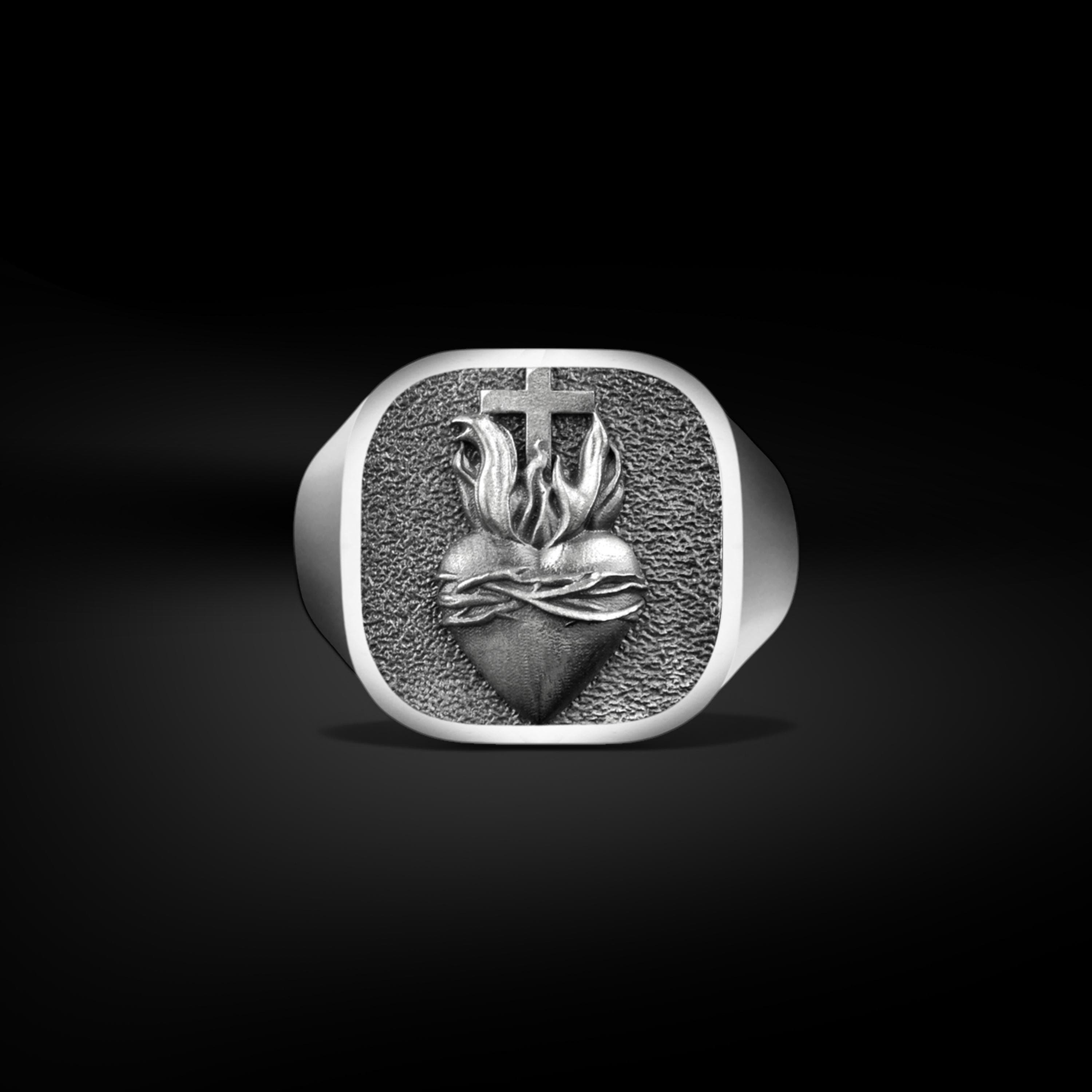 The Rollerstone Religious Sacred Heart Signet Ring for Men, Sterling Silver Mens Christian Cross Ring, Confirmation Jewelry for Family, Christian Gift jewellery