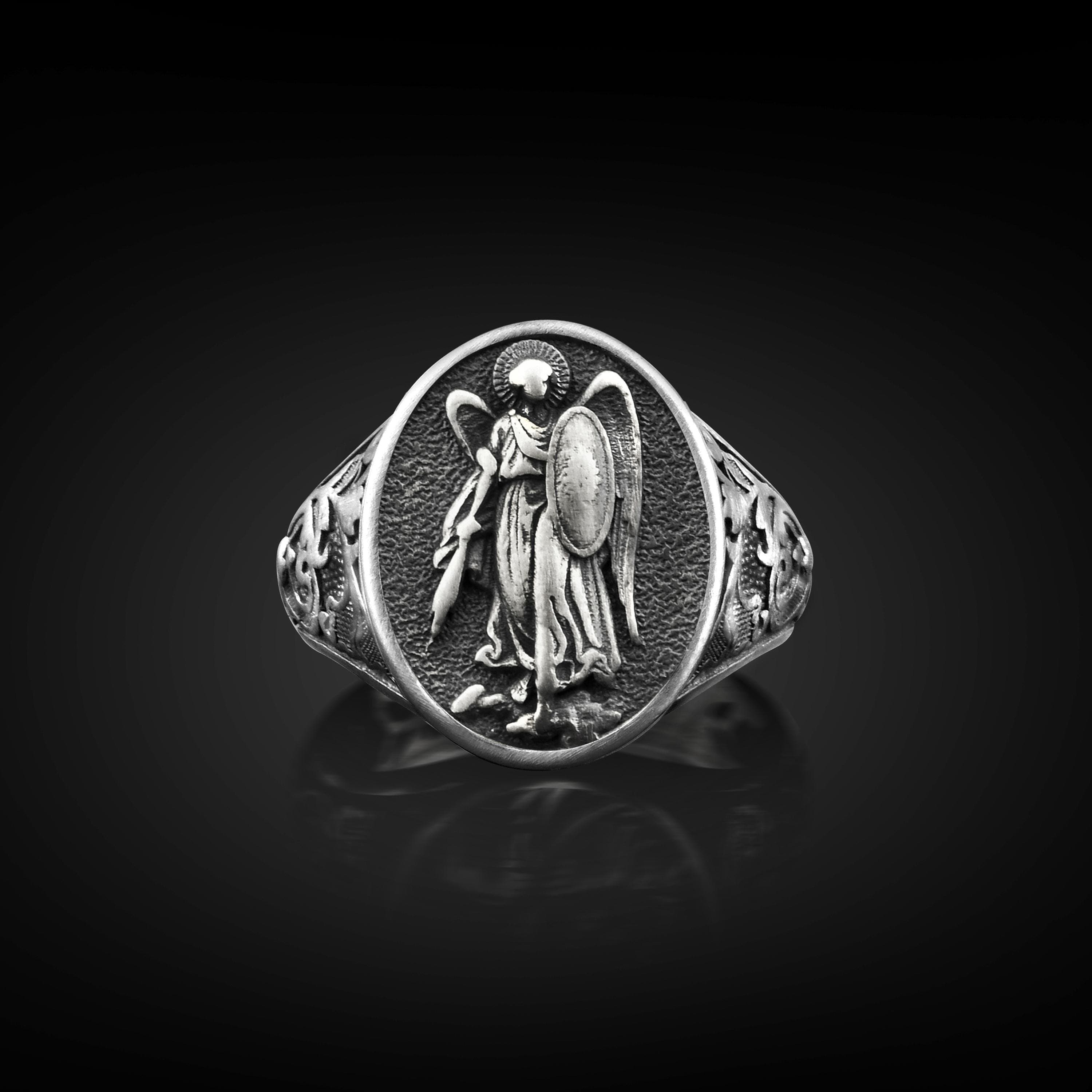The Rollerstone Saint Michael The Archangel Silver Men Ring, Saint Michael Dainty Unique Signet Ring in Sterling Silver, Christian Gift Jewelry for Family jewellery