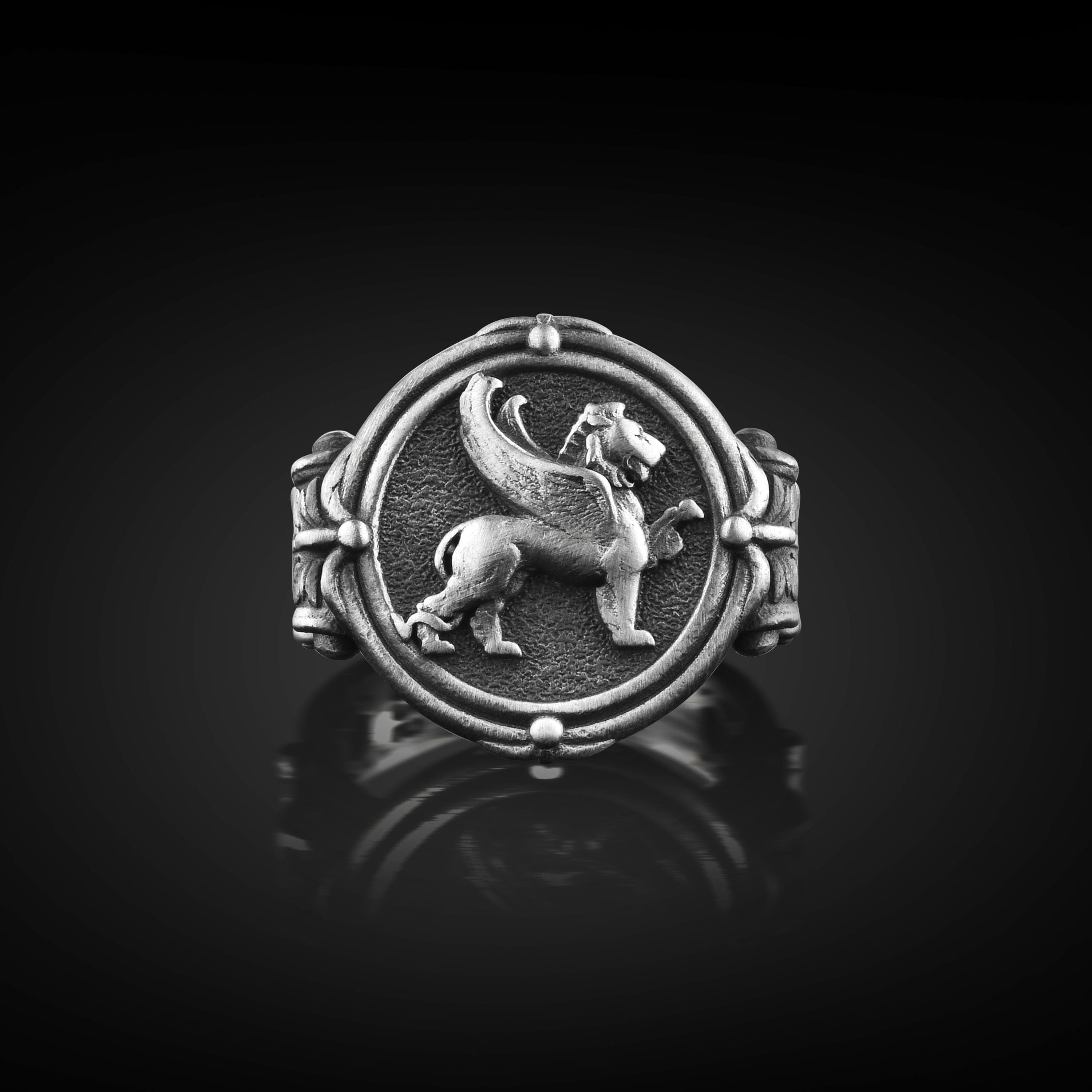 The Rollerstone Silver Winged Lion Engraved Signet Men Ring, Mythology Ring for Boyfriend in Sterling Silver, Fantastic Design Gift for Dad, Memorial Gift jewellery