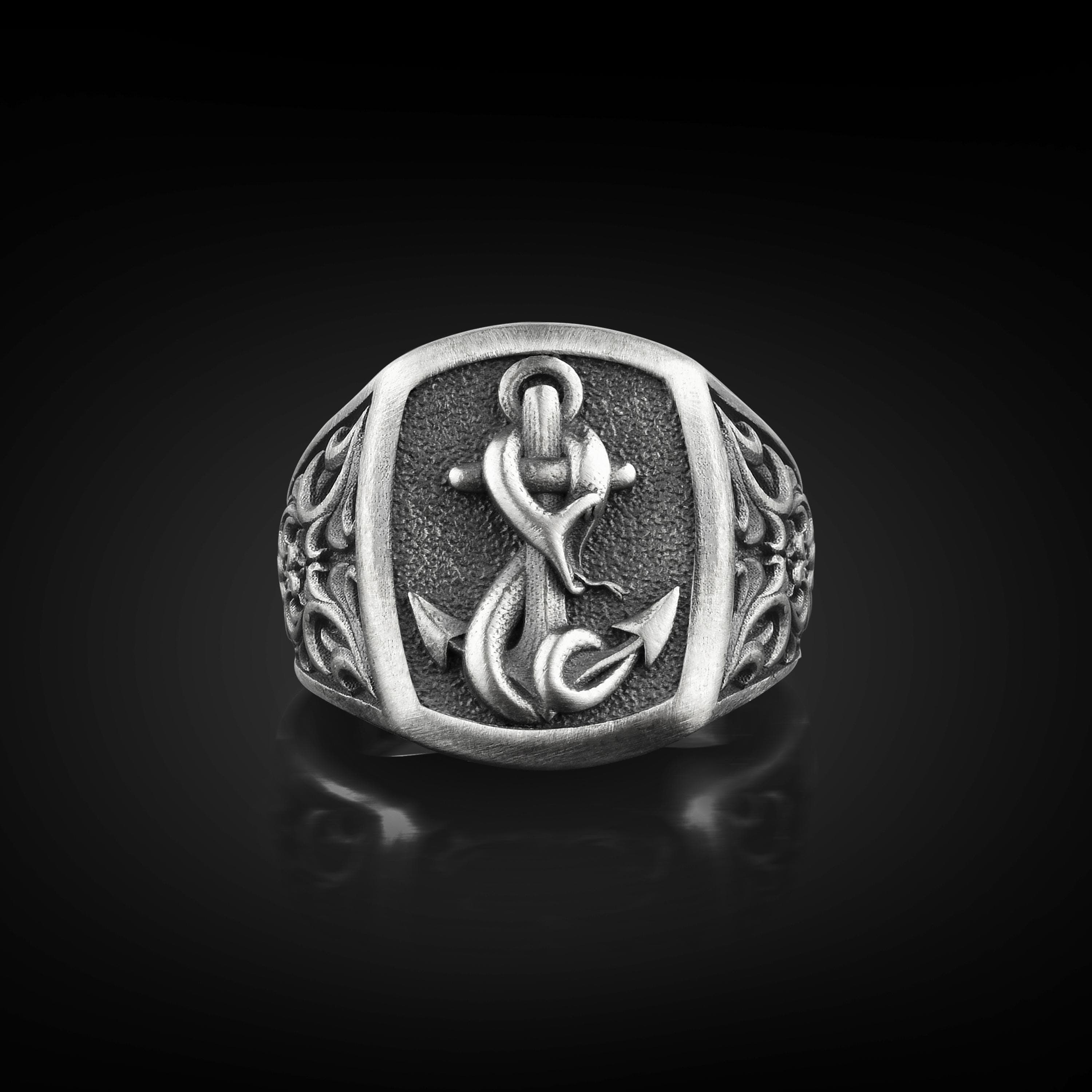 The Rollerstone Sterling Silver Handmade Anchor with Snake Signet Ring, Sailor Ocean Lover Sterling Silver Rings, Sea Life Silver Jewelry Gifts for Groom jewellery