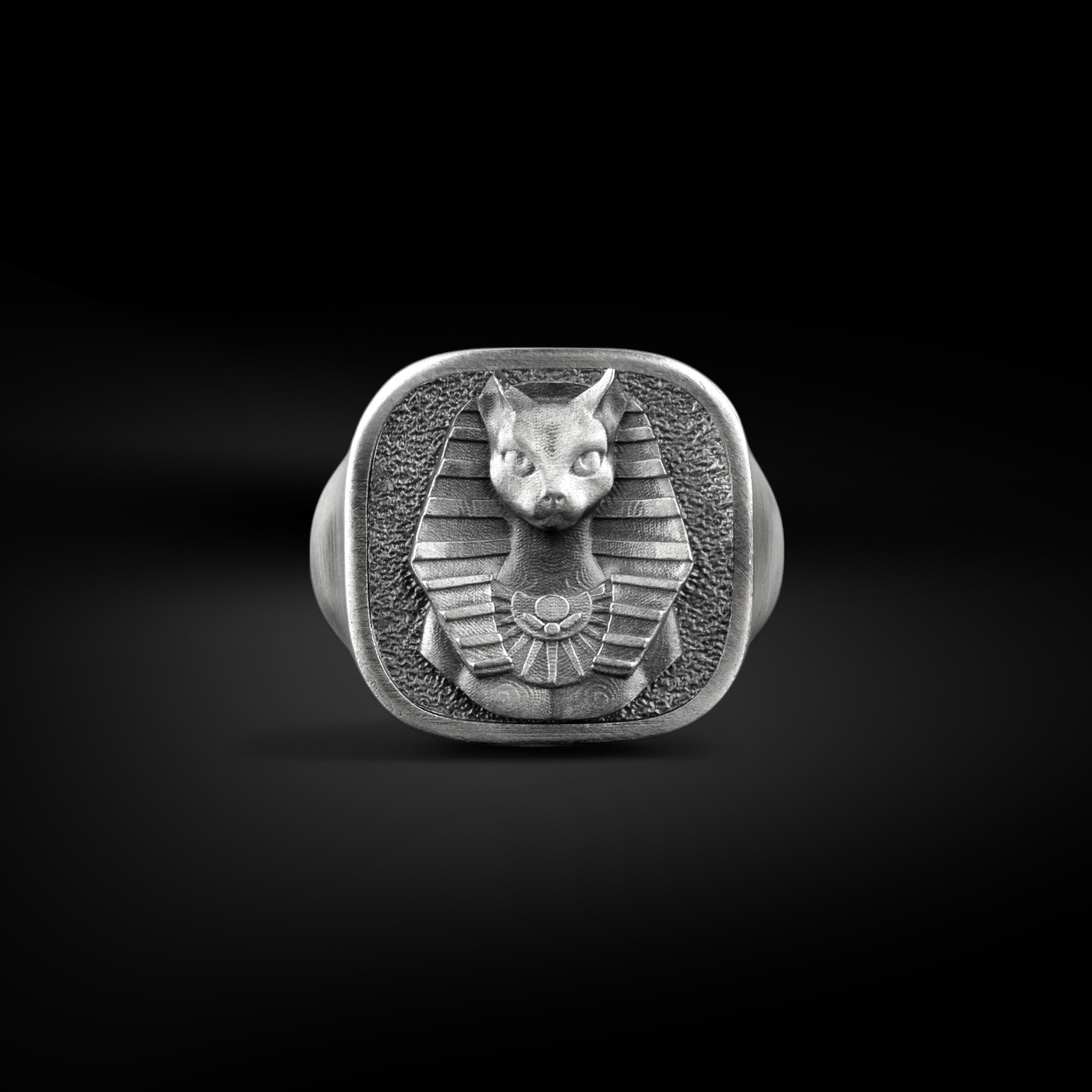 The Rollerstone Sterling Silver Signet Bastet Ring for Men, Ancient Egyptian Mythology Goddess Ring, Sterling Silver Bast Jewelry for Family, Gift for Mom jewellery