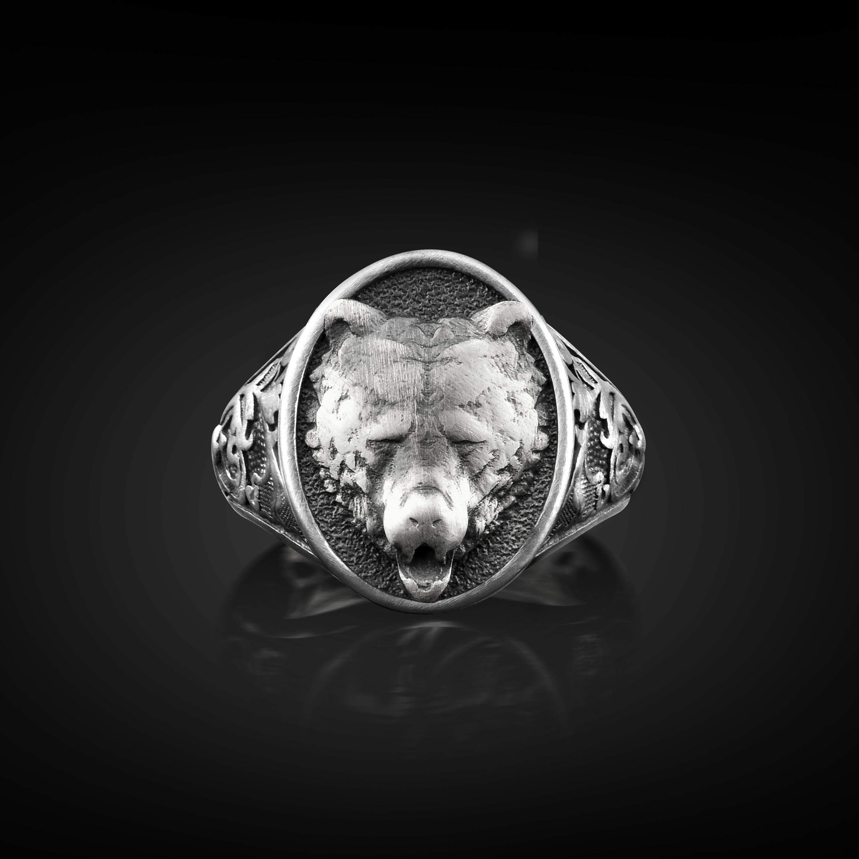 The Rollerstone Viking Wild Bear Engraved Handmade Signet Sterling Silver Men Ring, Animal Men Rings Jewelry in Sterling Silver, Nordic Bear Gift Jewelry jewellery