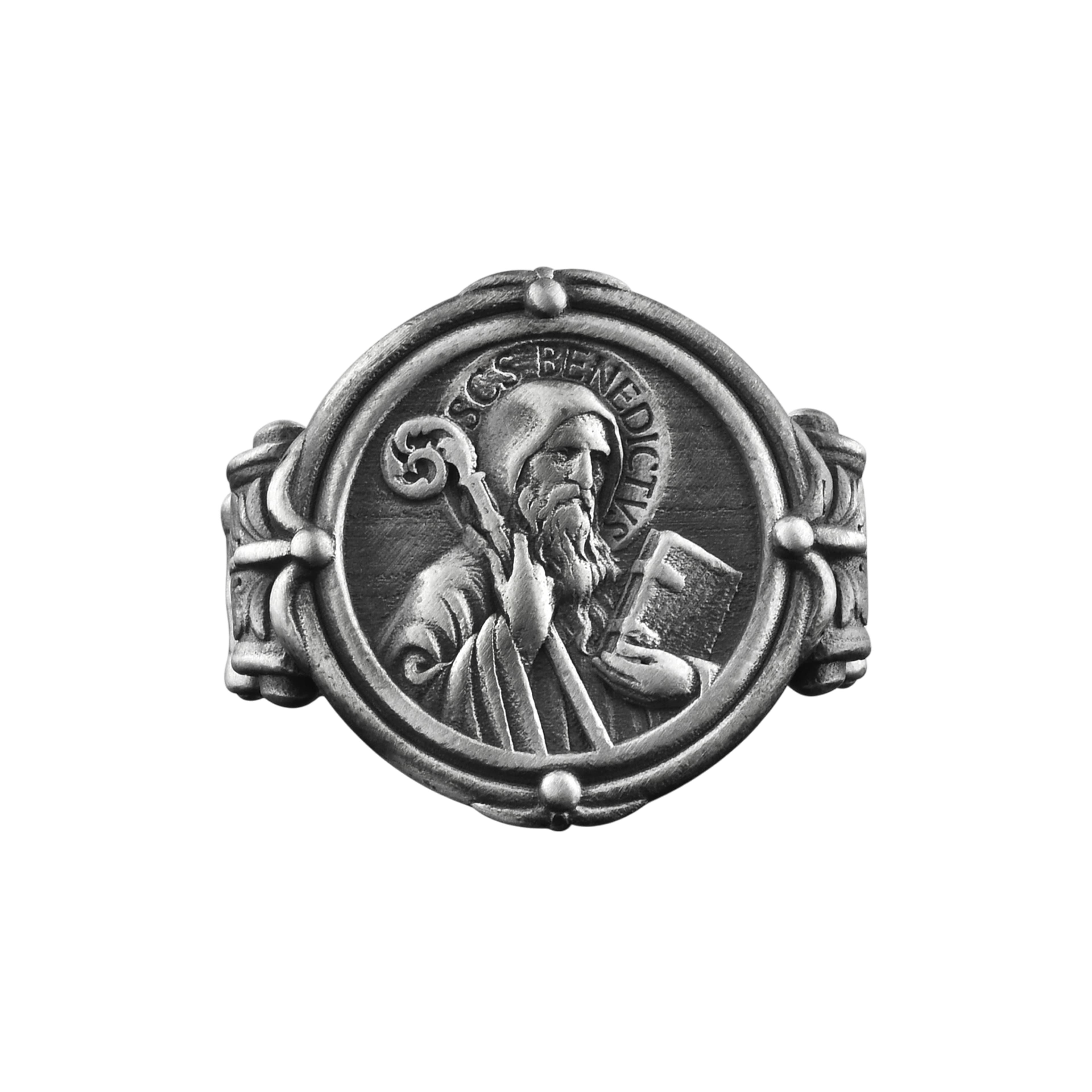The Rollerstone St Benedict Silver Men Signet Ring, Christian Religious Personalized Gift Ring jewellery