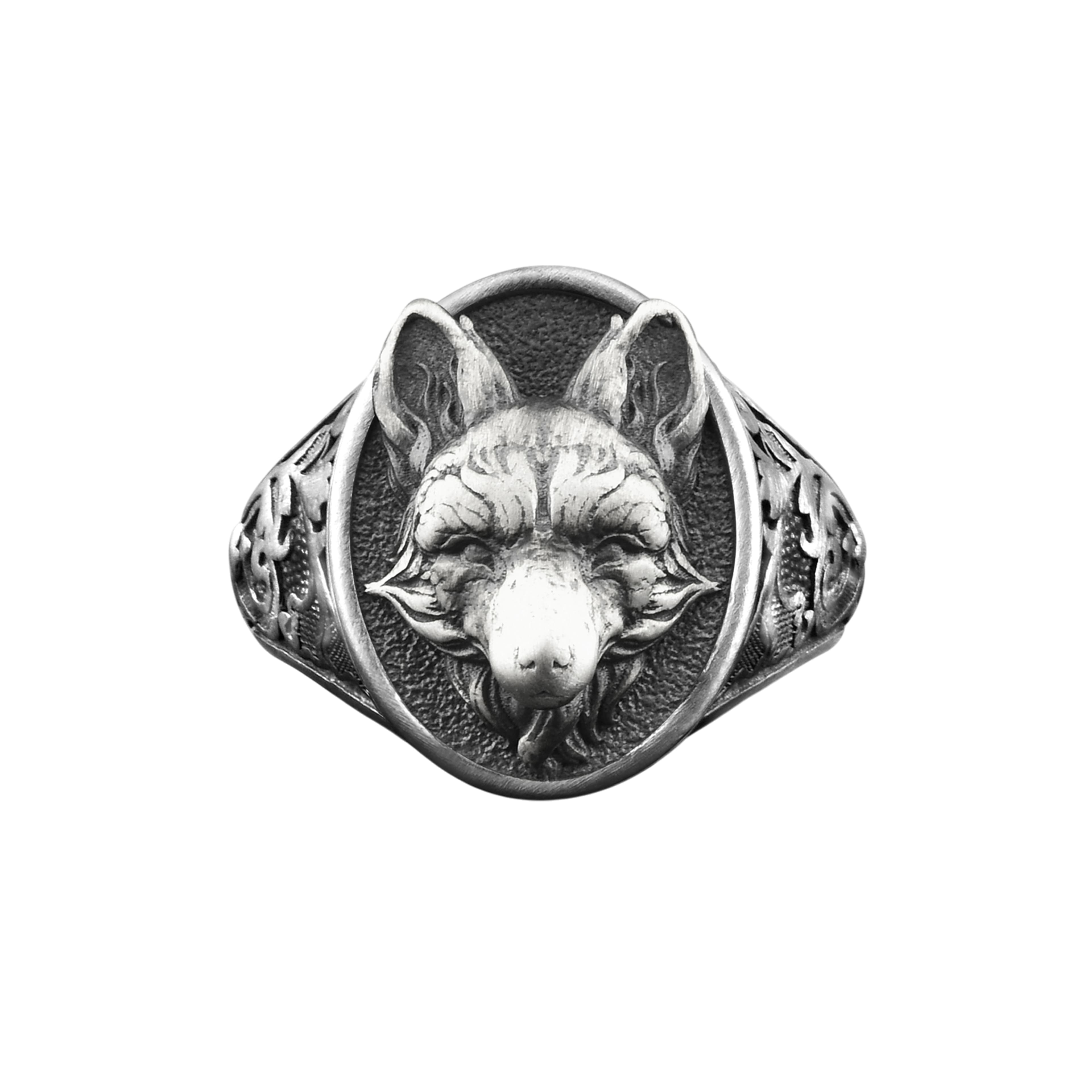 The Rollerstone Fox with Floral Pattern Engraved Men Signet Ring, Dainty Fox Nature Jewelry for Him in Silver, Cool Rings for Boyfriend, Animal Lover Gift jewellery