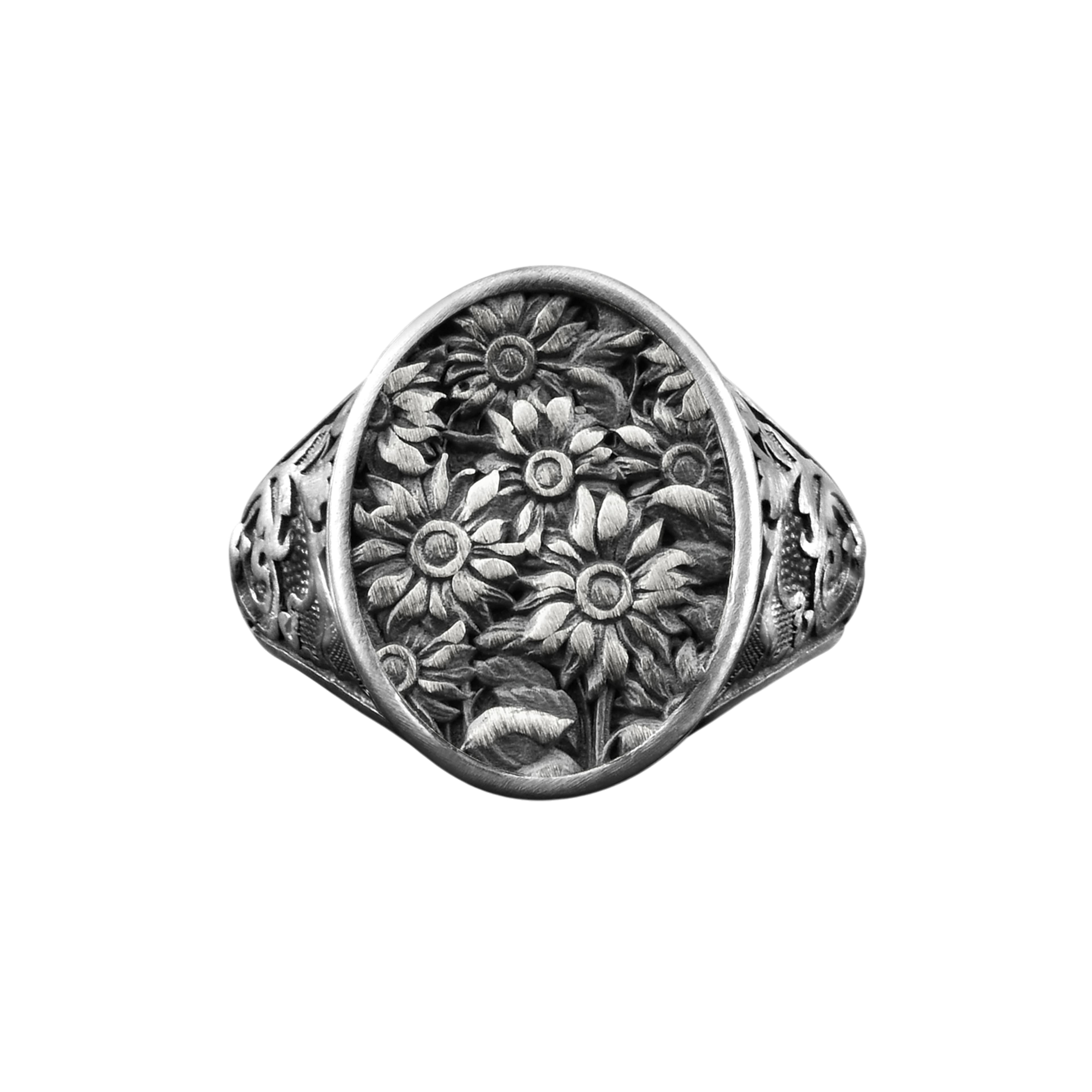 The Rollerstone Sunflower Signet Ring Sterling Silver Oval Floral Nature Jewelry Memorial Gift jewellery