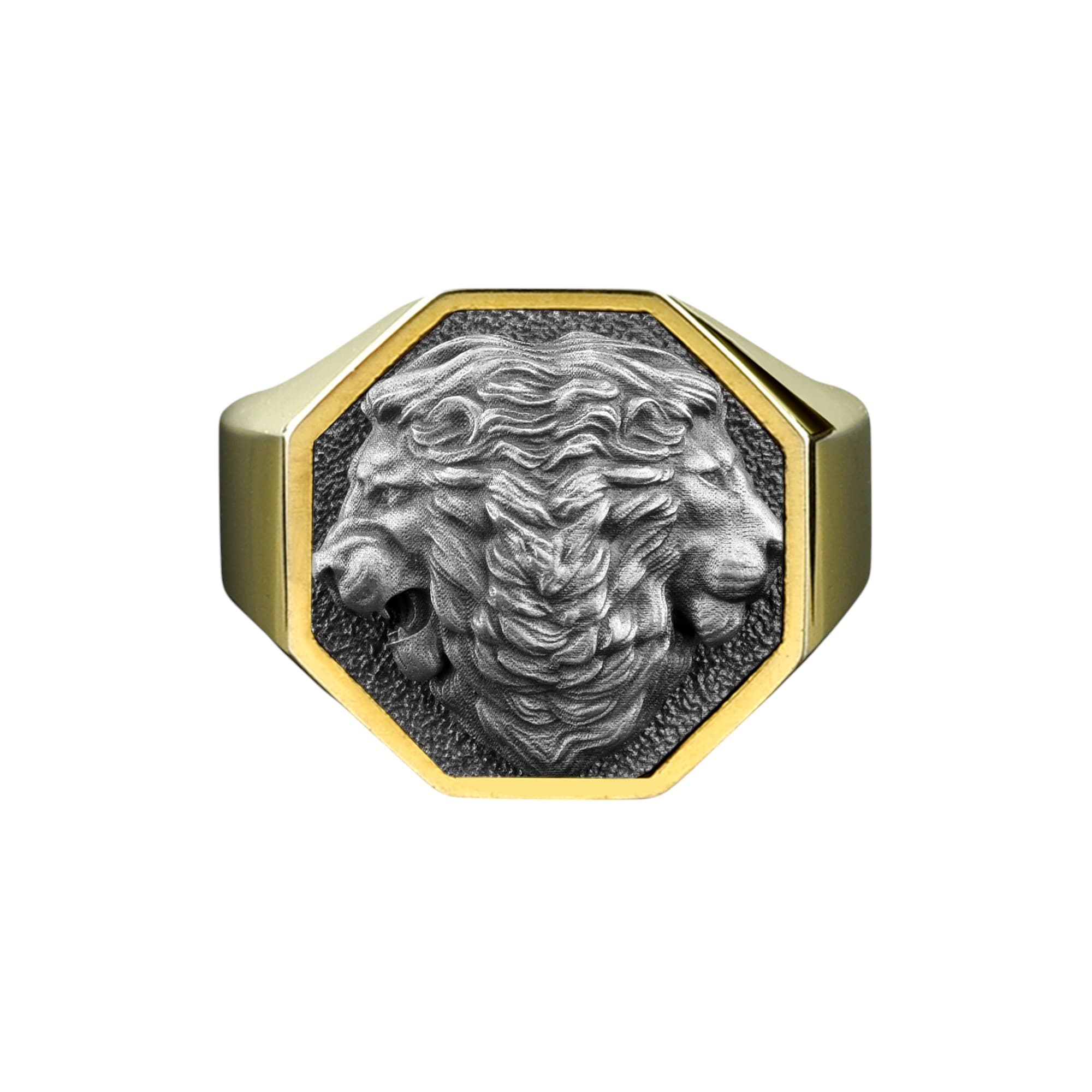 The Rollerstone Double Lion Head Silver Ring, Leo Zodiac Animal Men Gift jewellery
