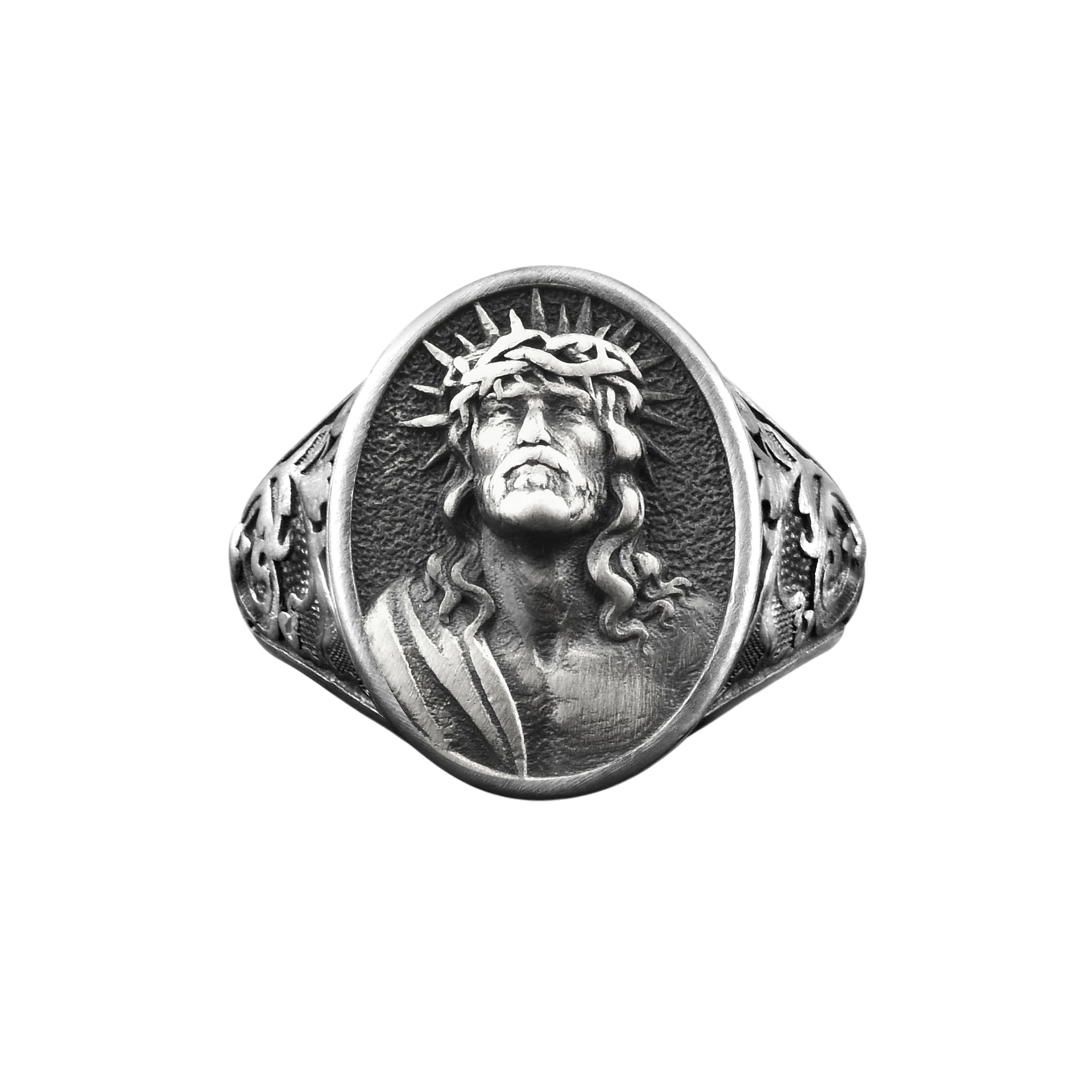 The Rollerstone Jesus Crucifix Engraved Men Silver Signet Ring, Faith Catholic Family Jewelry jewellery