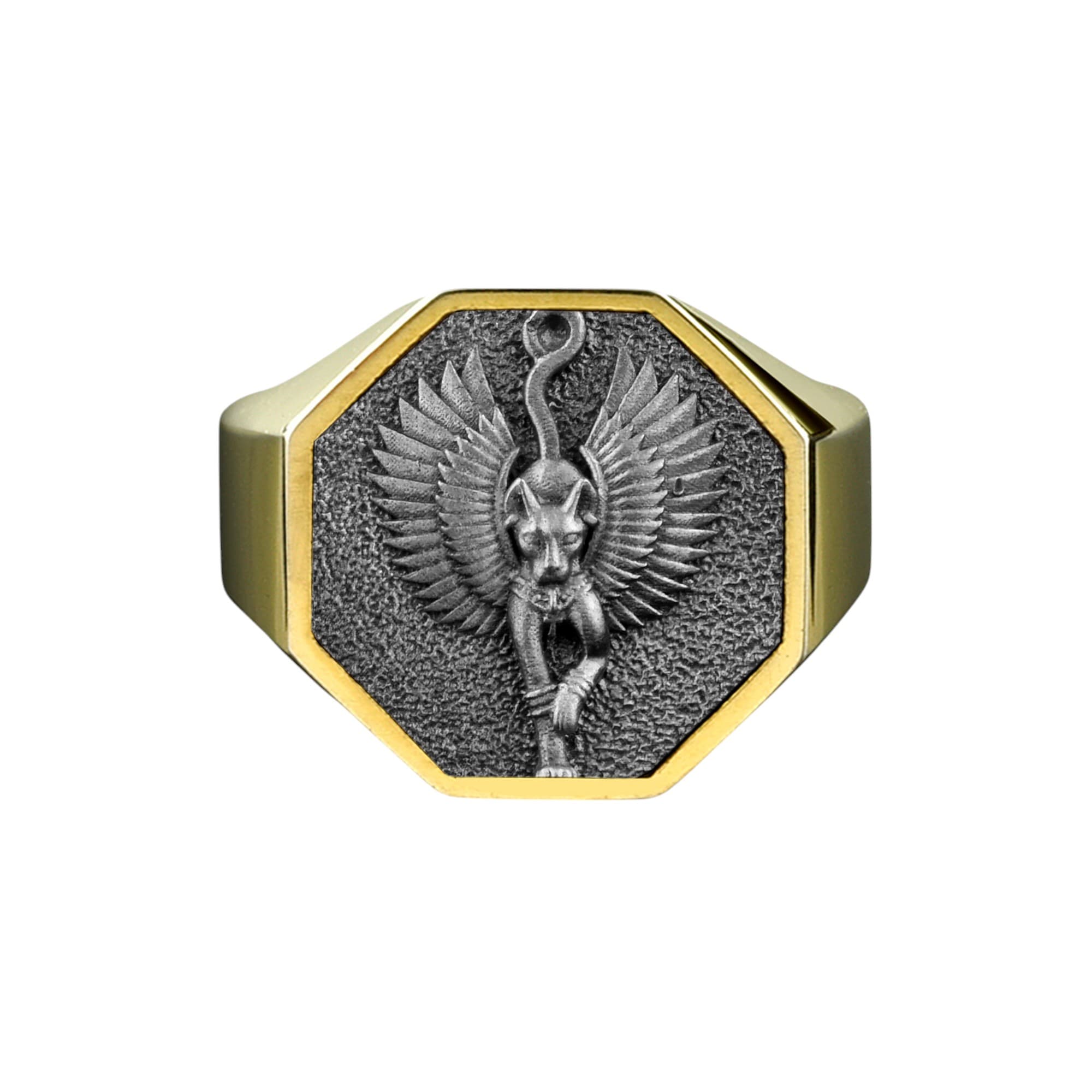 The Rollerstone Bastet Gold Plated Silver Ring, Egyptian Cat Goddess Hieroglyphic Men Gift jewellery