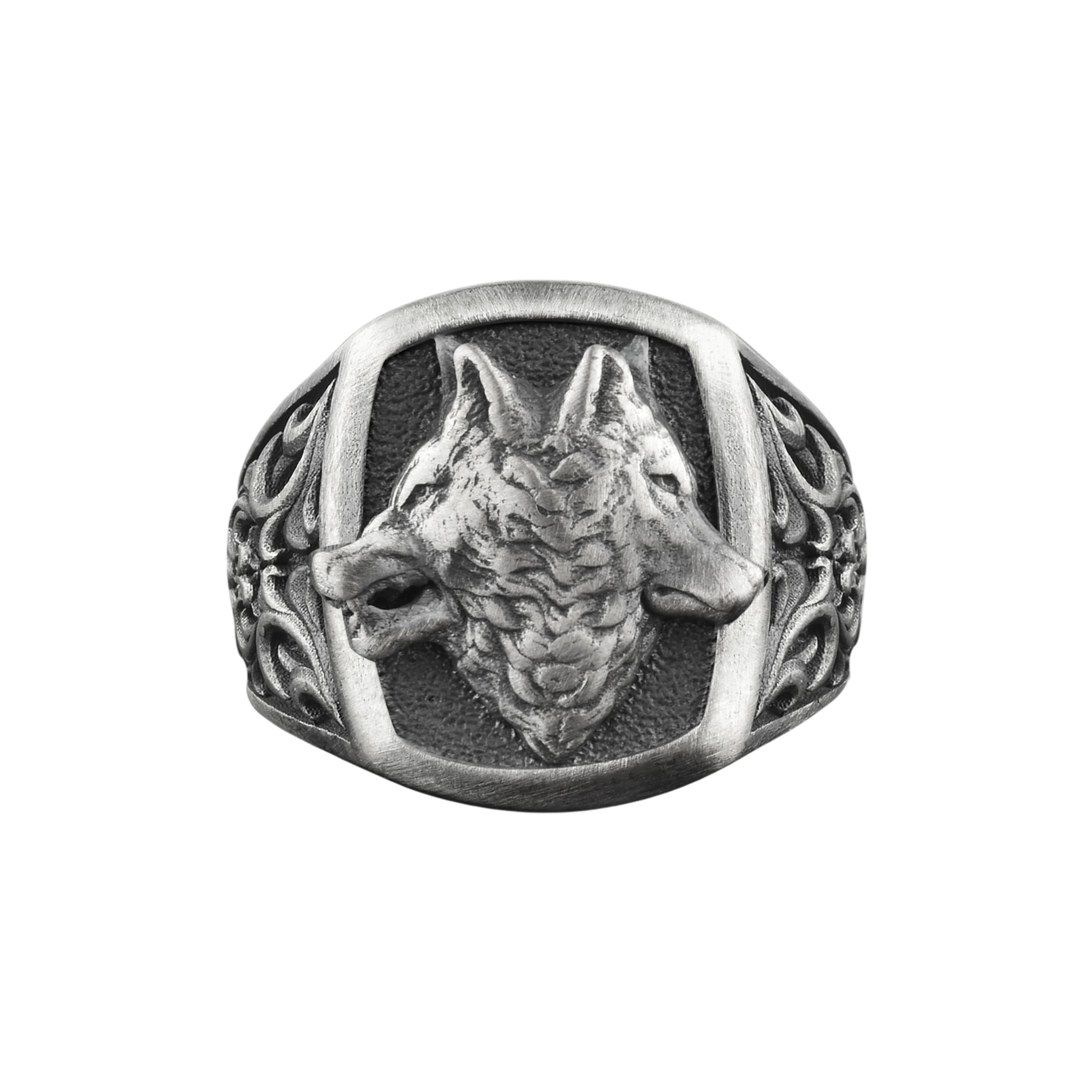 The Rollerstone Double Wolf Head Sterling Silver Signet Ring for Men jewellery