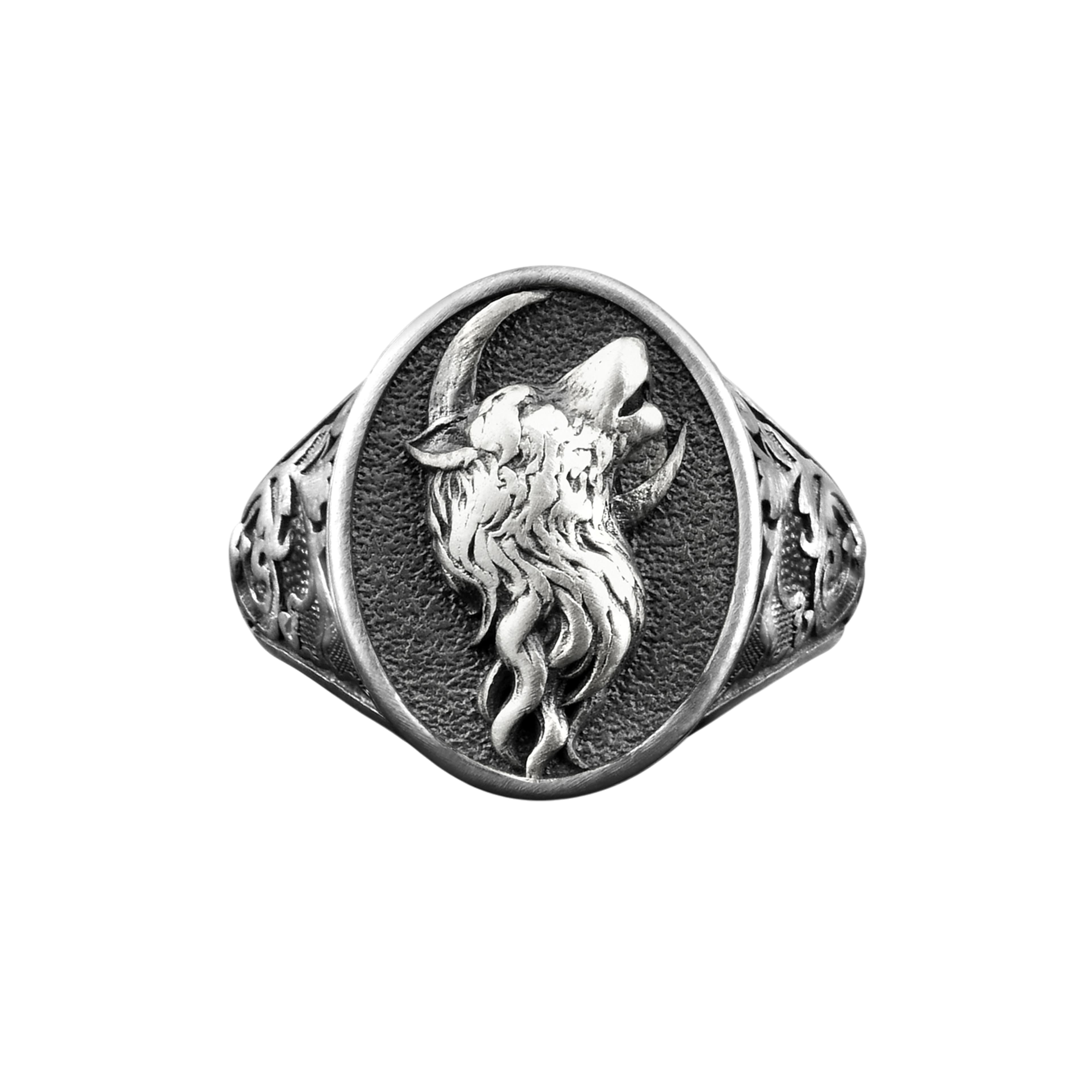 The Rollerstone Howling Wolf on Moon Men Silver Signet Men Ring, Crescent Moon and Wolf Nordic Jewelry in Oxidized Silver, Nature Spiritual Gift Jewelry jewellery
