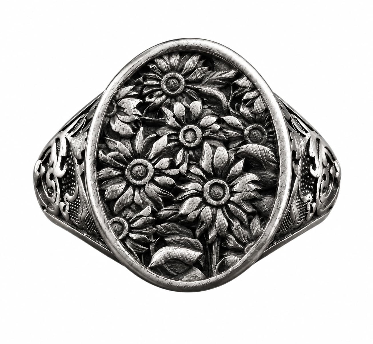 The Rollerstone Sunflower Signet Ring Sterling Silver Oval Floral Nature Jewelry Memorial Gift Oxidized jewellery