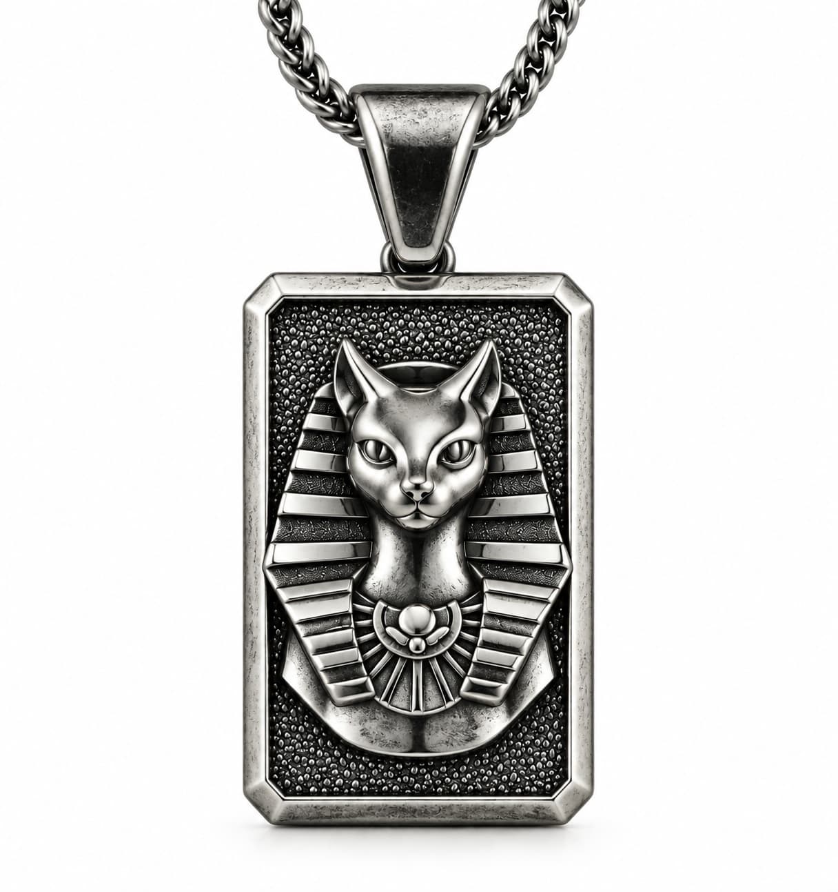 The Rollerstone Bust of Bastet Sterling Silver Realistic Egyptian Goddess Men Necklace Oxidized jewellery