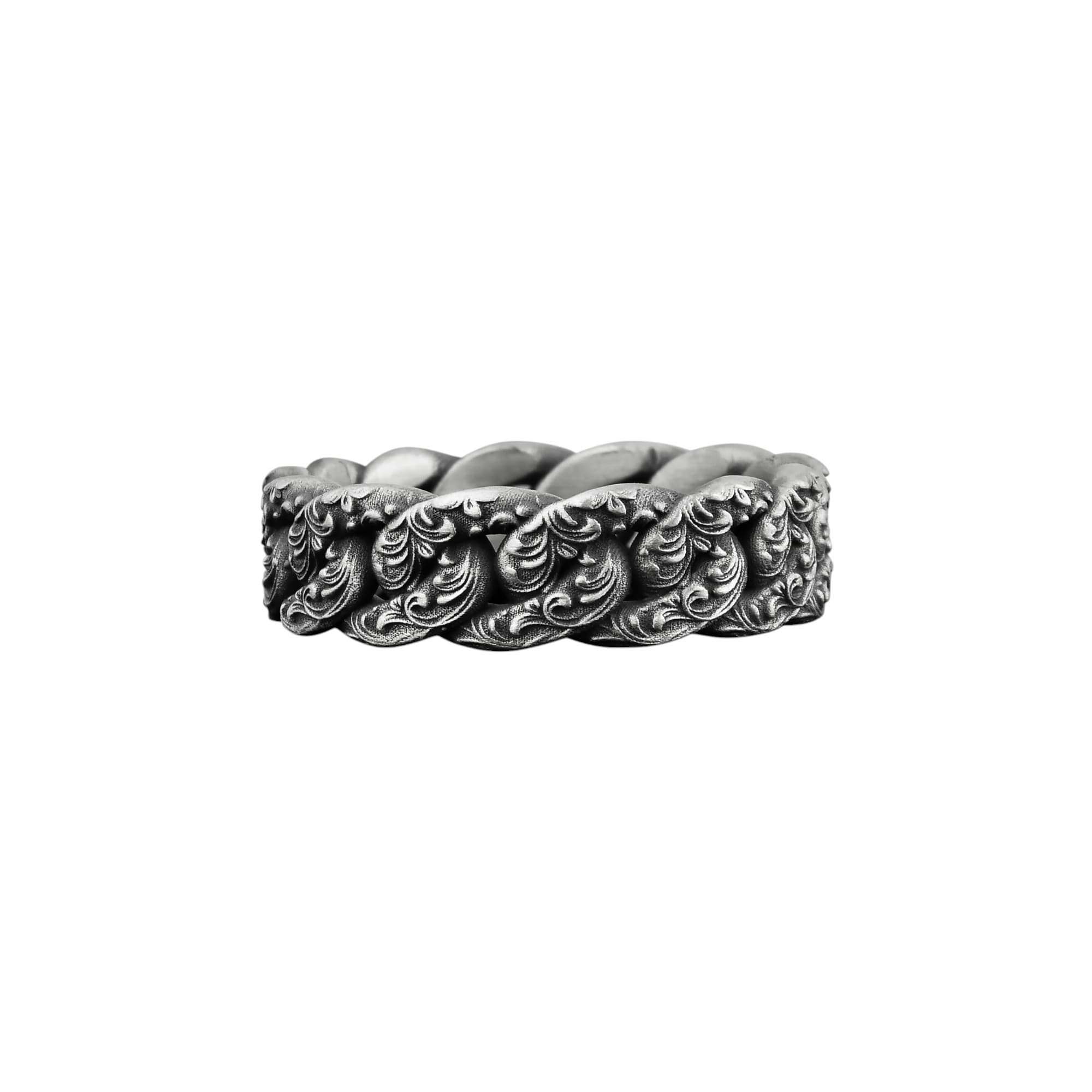 The Rollerstone Leaf Motif Curb Chain Silver Ring, Engagement Wedding Band for Her Oxidized jewellery