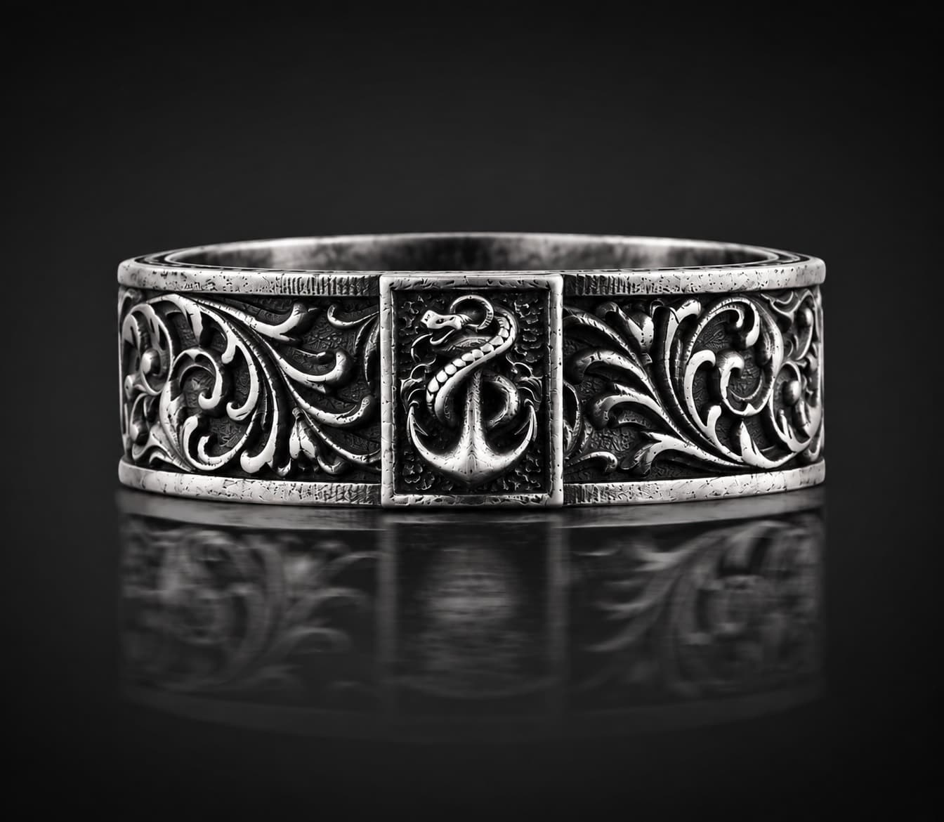 The Rollerstone Anchor with Snake Silver Floral Band Ring for Men, Handmade Marine Hope Wisdom Symbol Jewelry, Sterling Silver Leaf Sailor Pattern Ring Oxidized jewellery