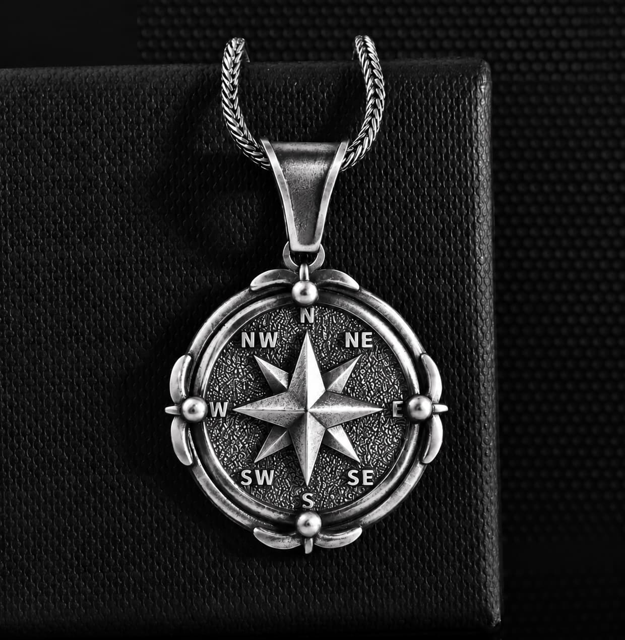 The Rollerstone North Star Compass Sterling Silver Neckalce for Men, Sterling Silver Coordinates Pendant Oxidized jewellery
